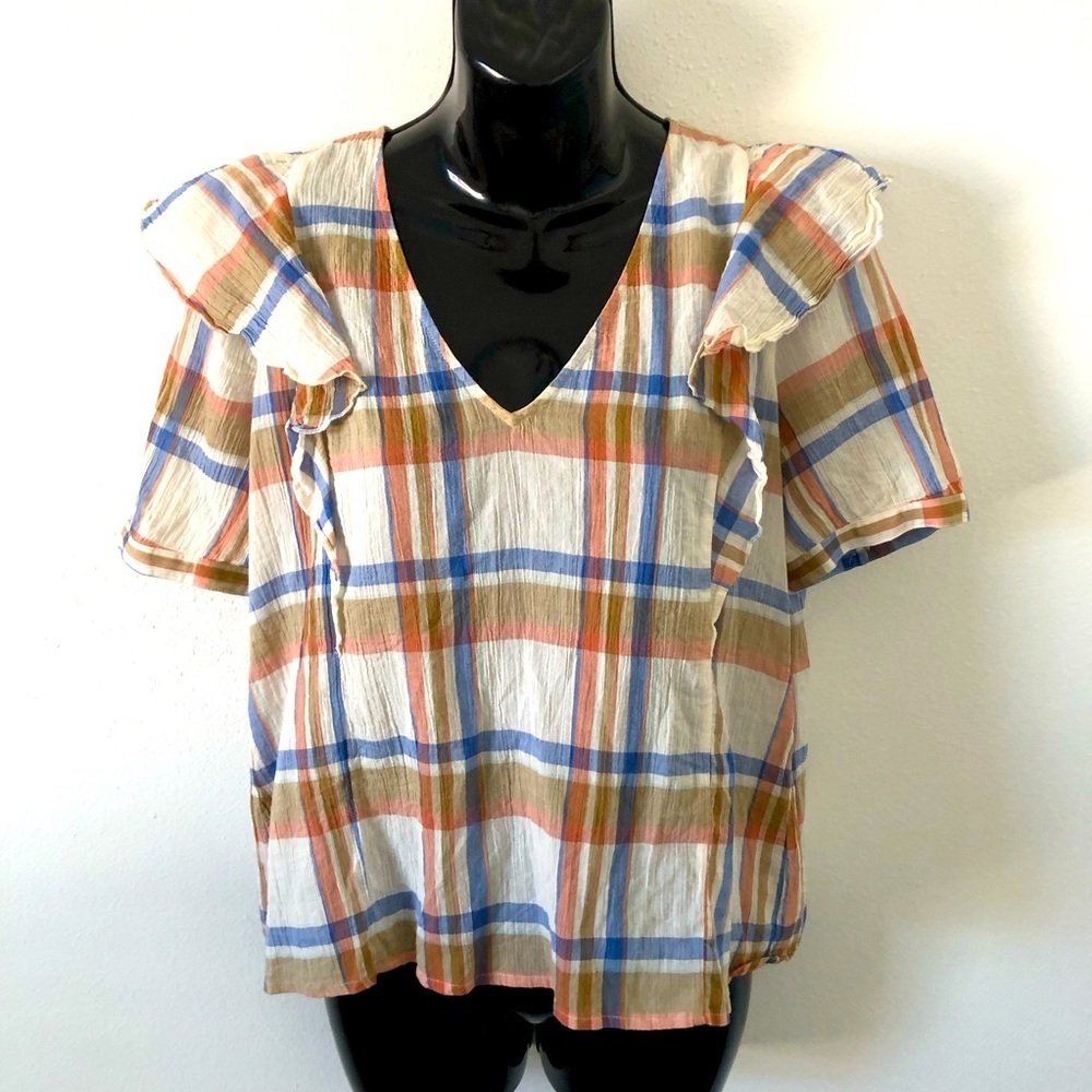 Madewell Plaid Ruffle Sleeve Women's Top
